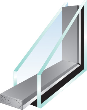 Cutaway view of a dual-pane insulated glass unit showing the glass panes, insulating gas between panes, and warm-edge spacer system