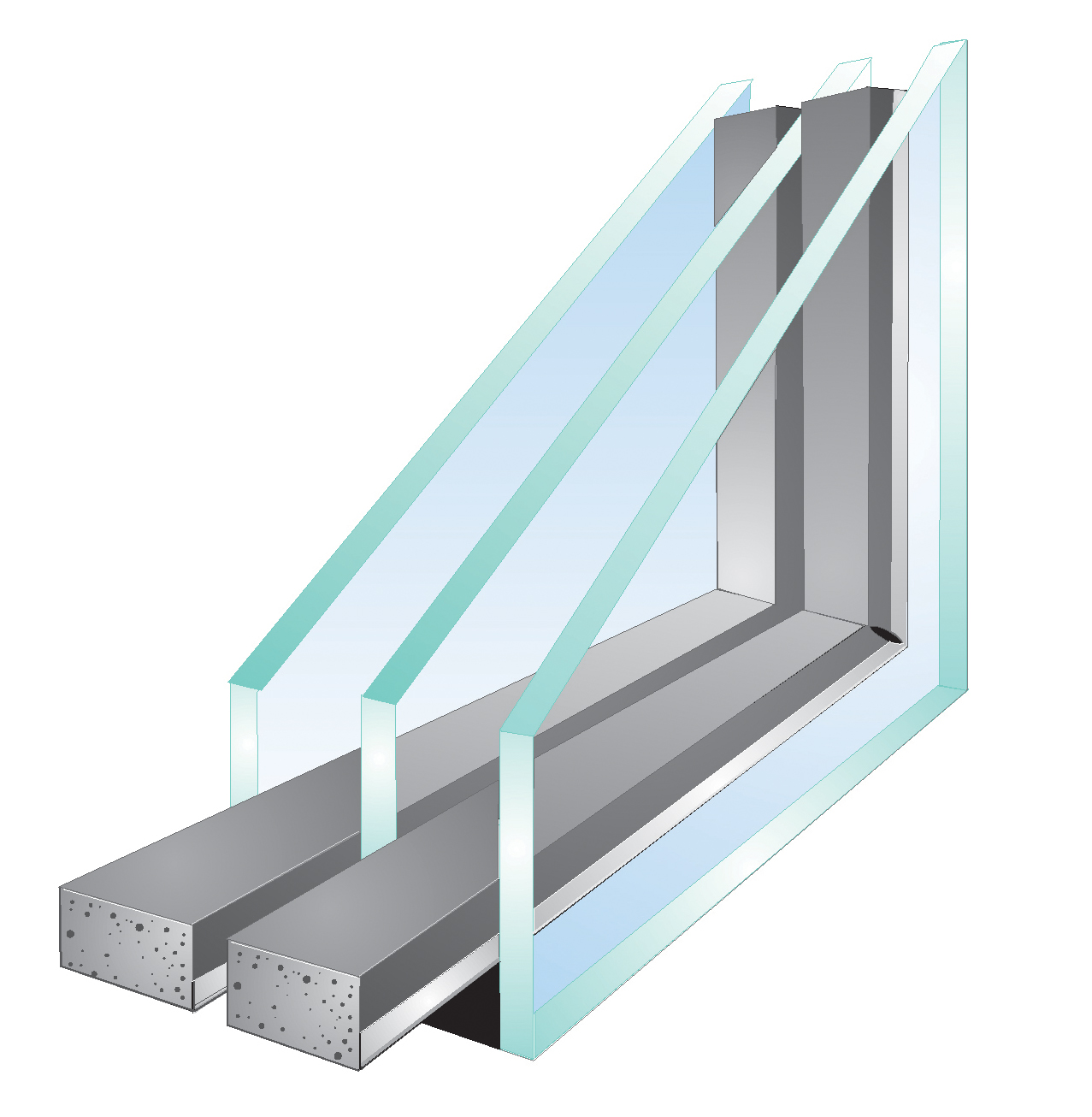 Cutaway view of a triple-pane insulated glass unit showing the glass panes, insulating gas between panes, and warm-edge spacer system
